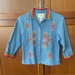Tantrums Embroidered Denim Button Down Long Sleeved Women’s Cotton Shirt LARGE
